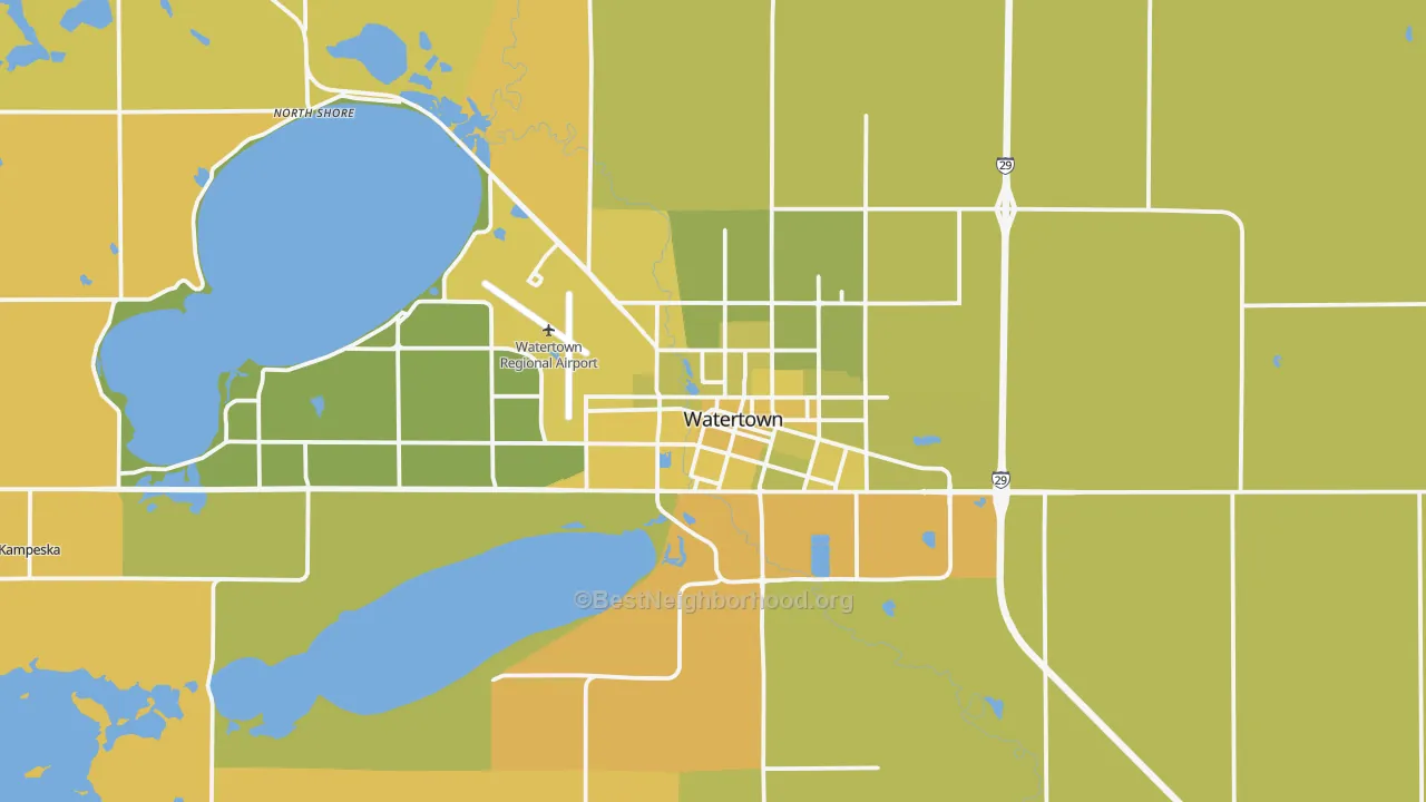 Map of the best neighborhoods in the Watertown area, with better matches in green and worse matches in red
