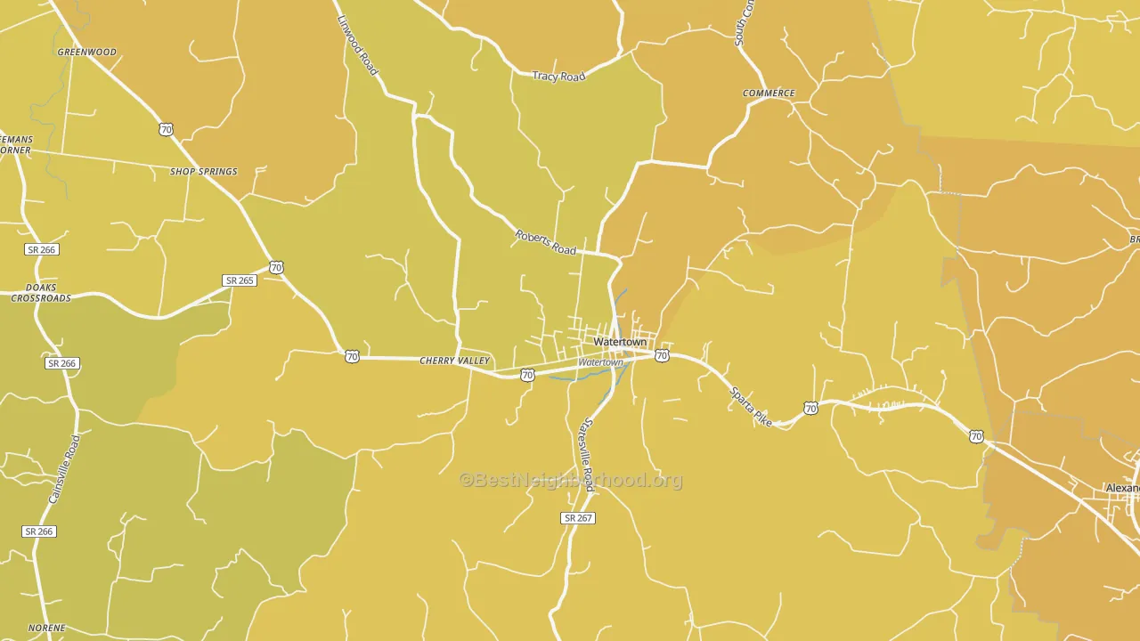 Map of the best neighborhoods in the Watertown area, with better matches in green and worse matches in red