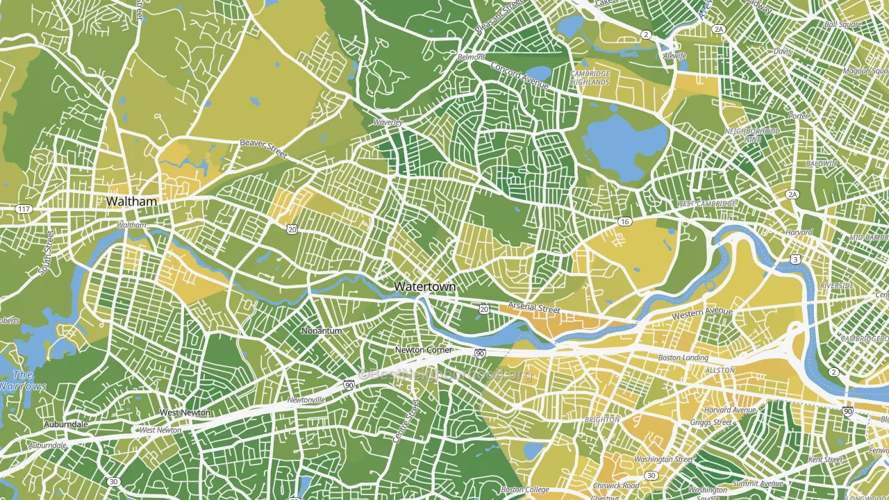 Map of the best neighborhoods in the Watertown Town area, with better matches in green and worse matches in red