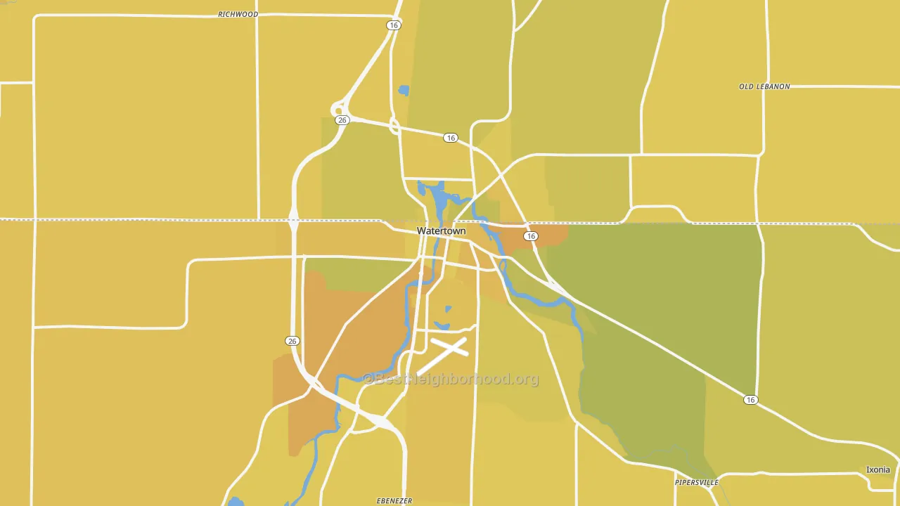 Map of the best neighborhoods in the Watertown area, with better matches in green and worse matches in red