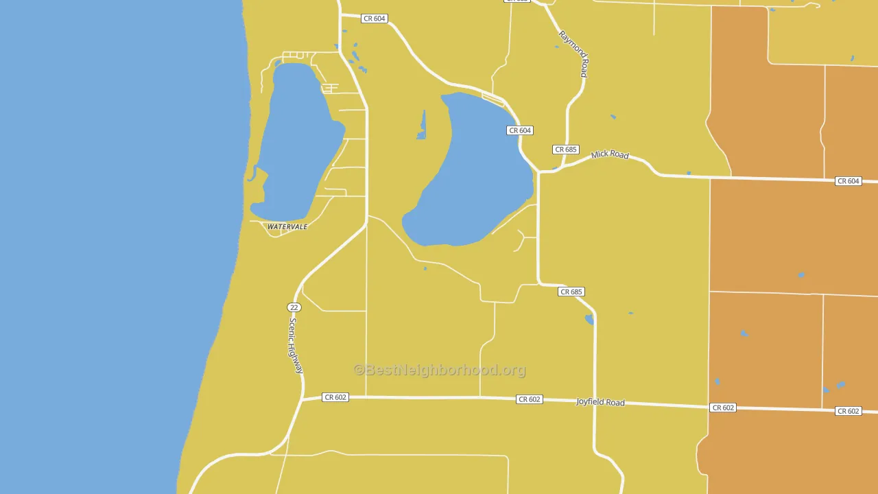 Map of the best neighborhoods in the Watervale area, with better matches in green and worse matches in red