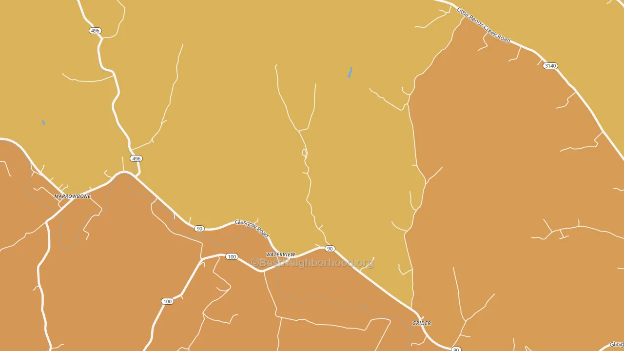 Map of the best neighborhoods in the Waterview area, with better matches in green and worse matches in red