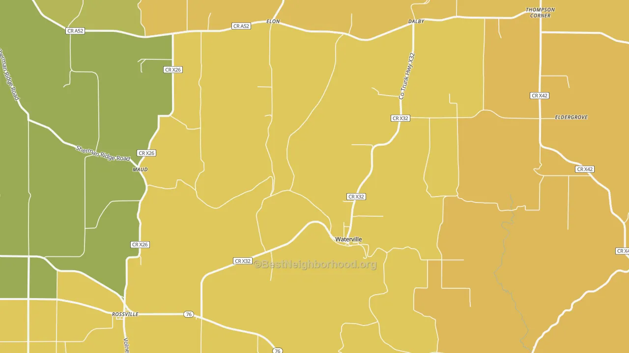 Map of the best neighborhoods in the Waterville area, with better matches in green and worse matches in red