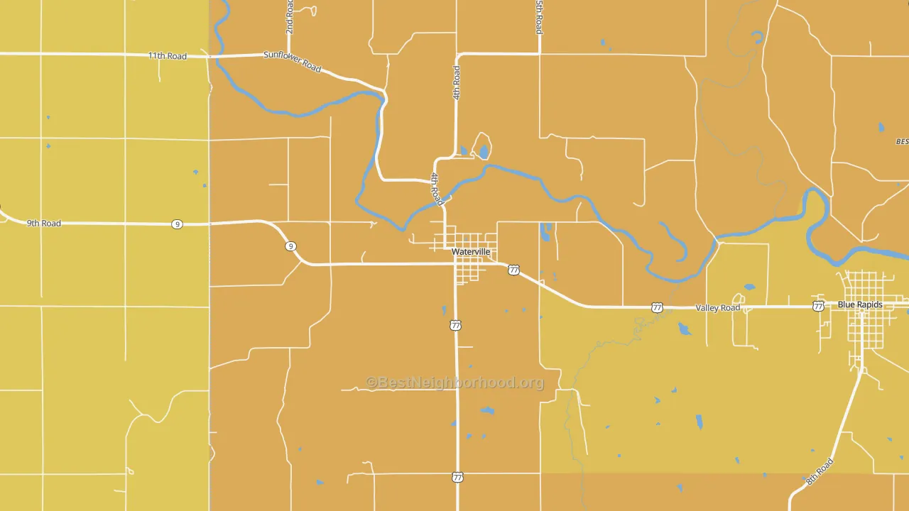 Map of the best neighborhoods in the Waterville area, with better matches in green and worse matches in red