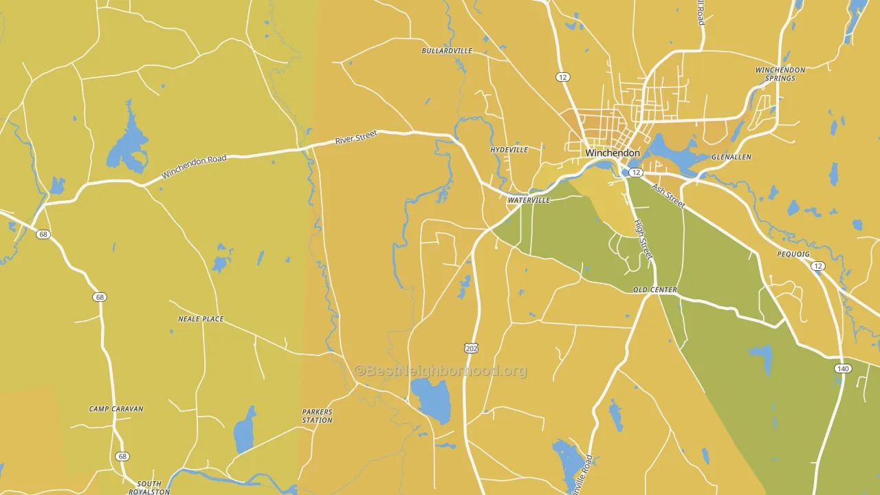 Map of the best neighborhoods in the Waterville area, with better matches in green and worse matches in red