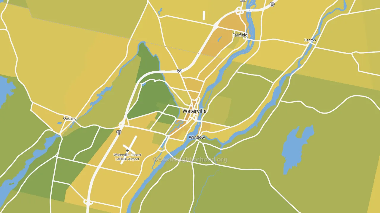 Map of the best neighborhoods in the Waterville area, with better matches in green and worse matches in red