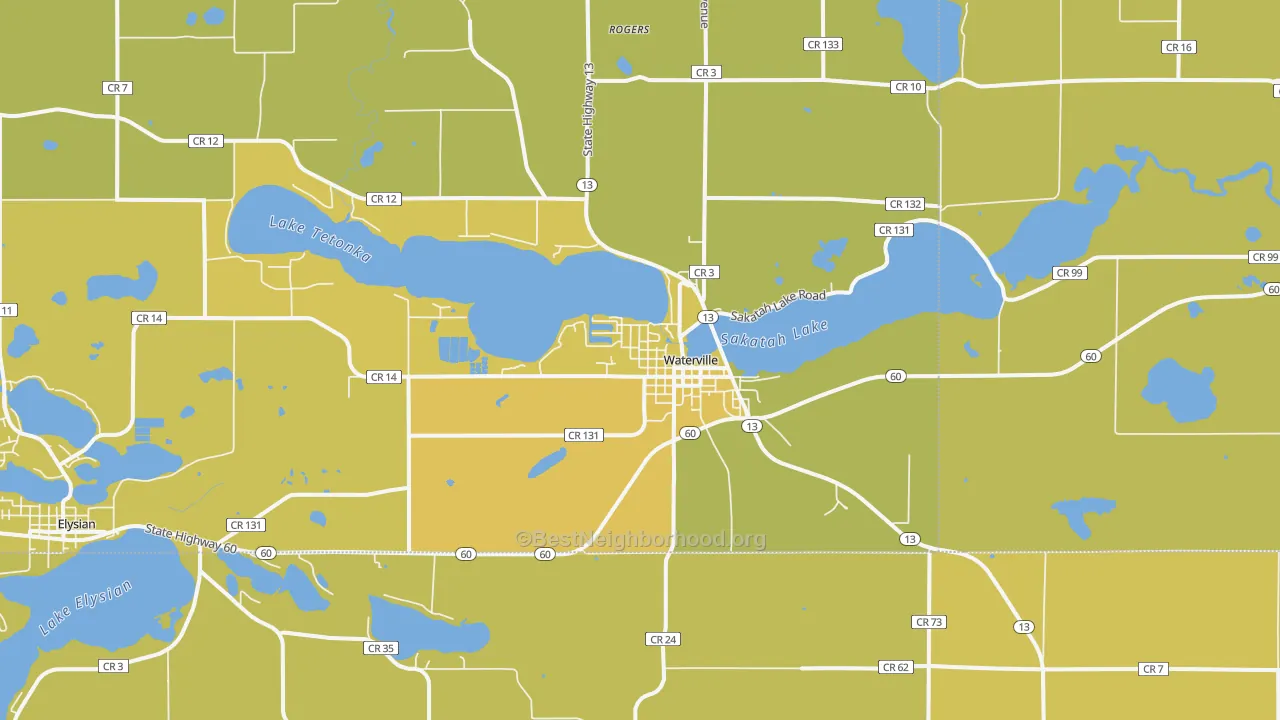 Map of the best neighborhoods in the Waterville area, with better matches in green and worse matches in red
