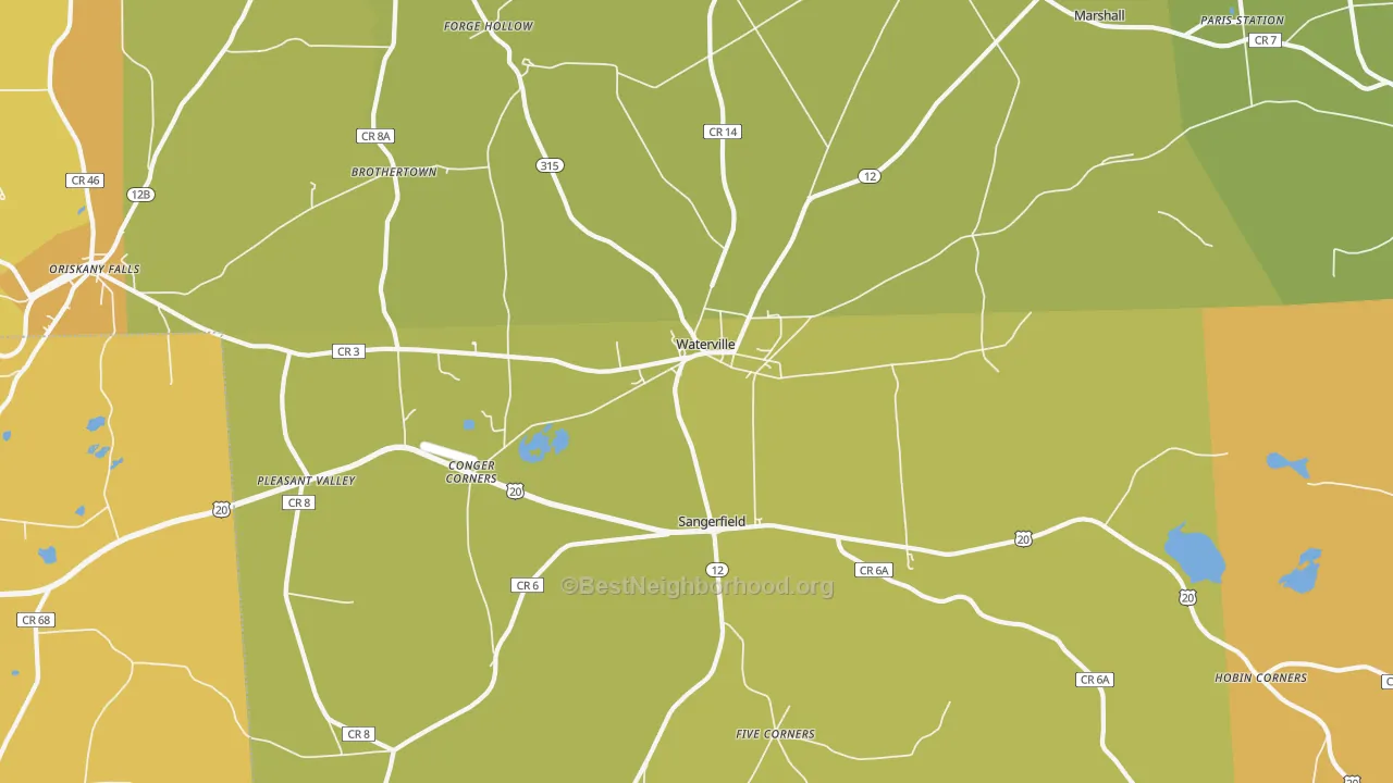 Map of the best neighborhoods in the Waterville area, with better matches in green and worse matches in red