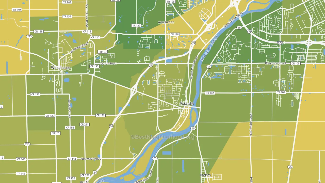 Map of the best neighborhoods in the Waterville area, with better matches in green and worse matches in red