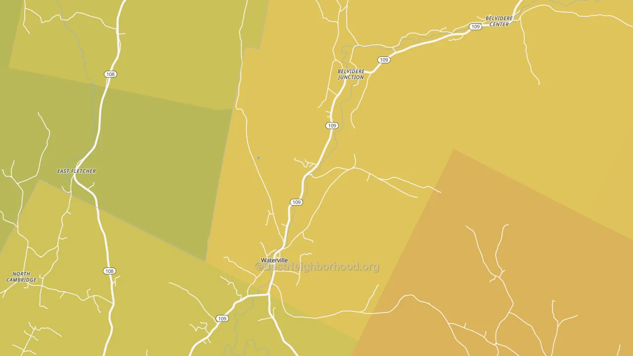 Map of the best neighborhoods in the Waterville area, with better matches in green and worse matches in red