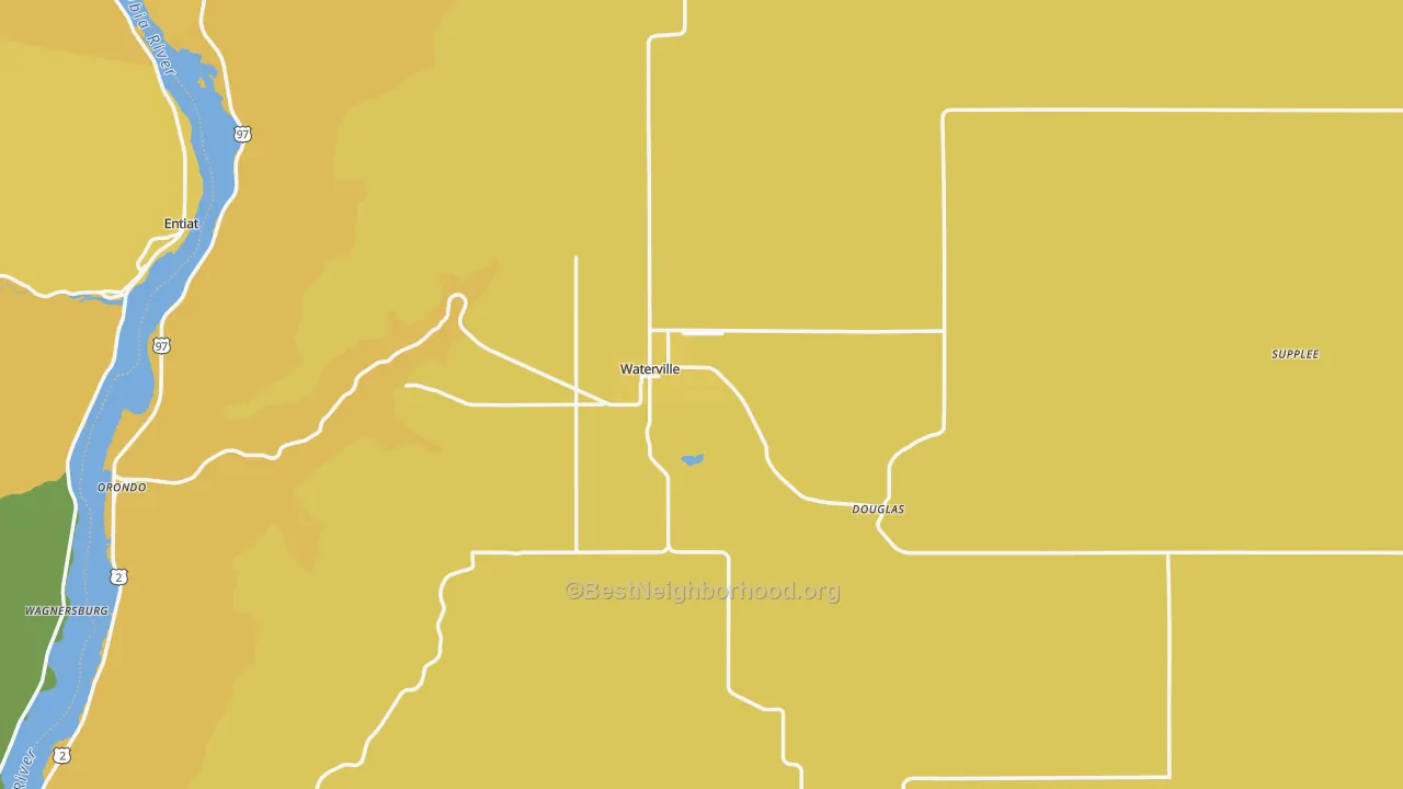 Map of the best neighborhoods in the Waterville area, with better matches in green and worse matches in red