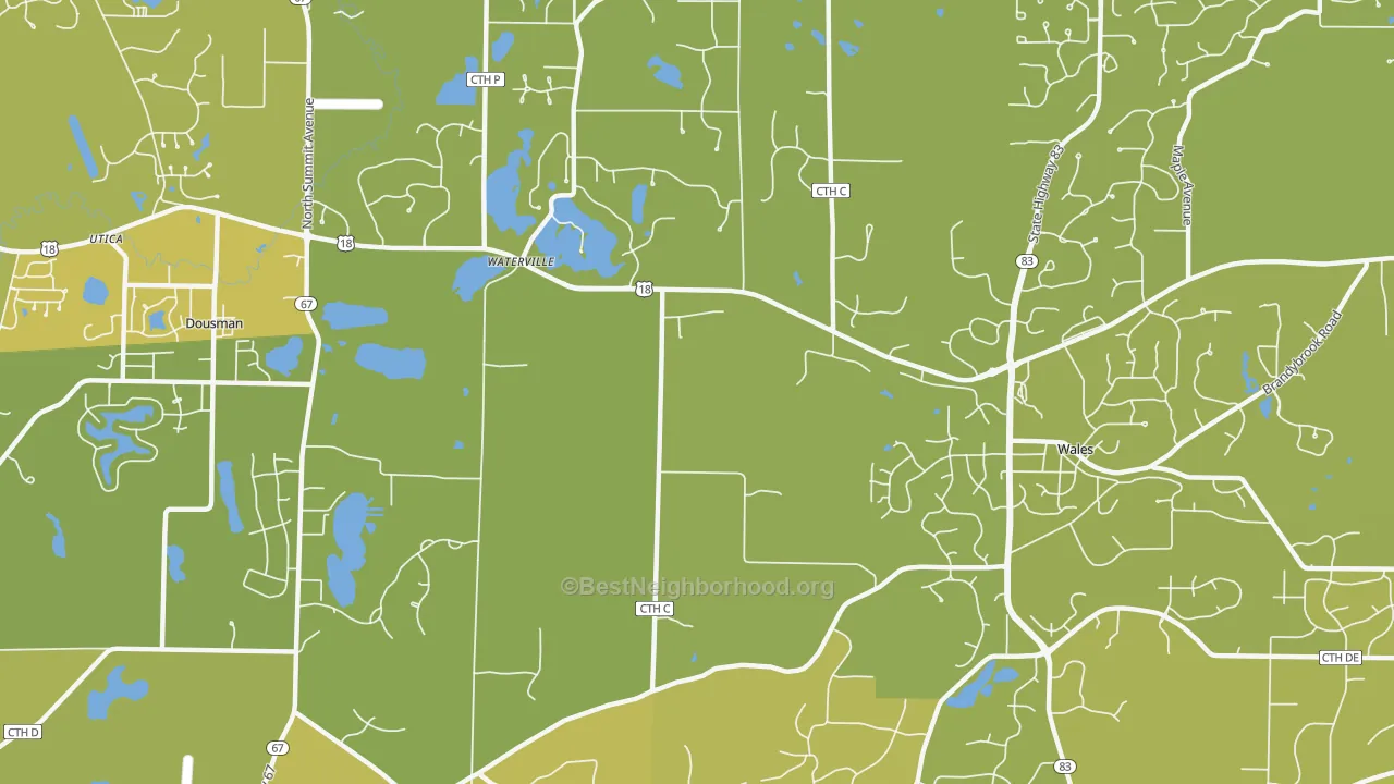 Map of the best neighborhoods in the Waterville area, with better matches in green and worse matches in red