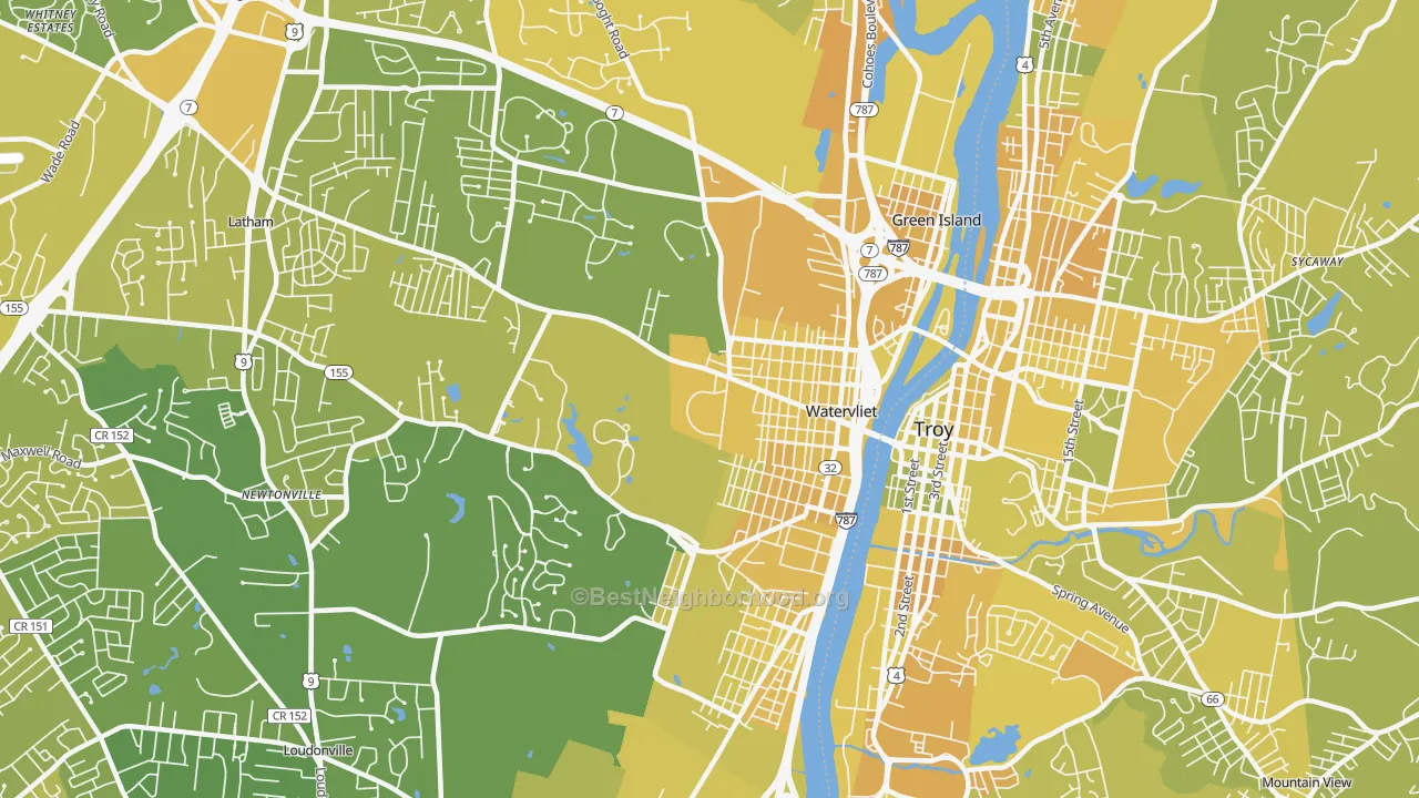 Map of the best neighborhoods in the Watervliet area, with better matches in green and worse matches in red