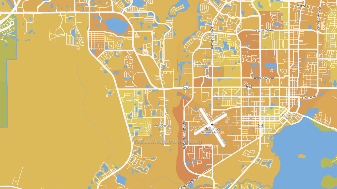 Map of the best neighborhoods in the Waterway Village, Kissimmee area, with better matches in green and worse matches in red