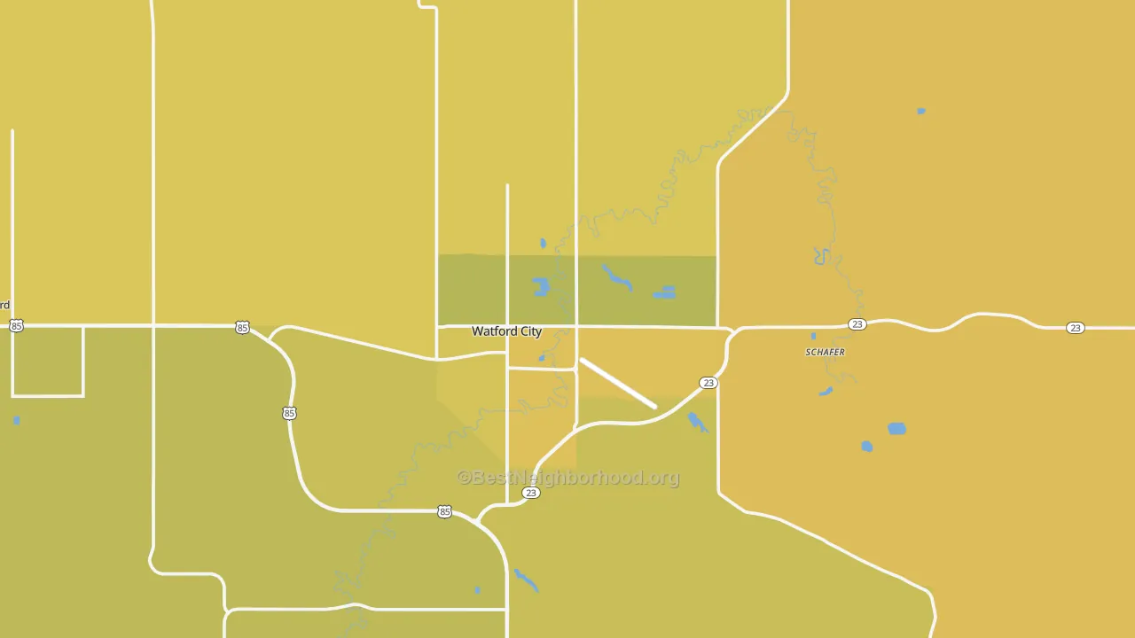 Map of the best neighborhoods in the Watford City area, with better matches in green and worse matches in red