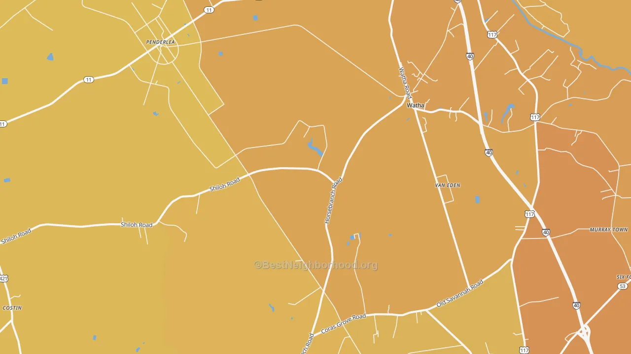 Map of the best neighborhoods in the Watha area, with better matches in green and worse matches in red