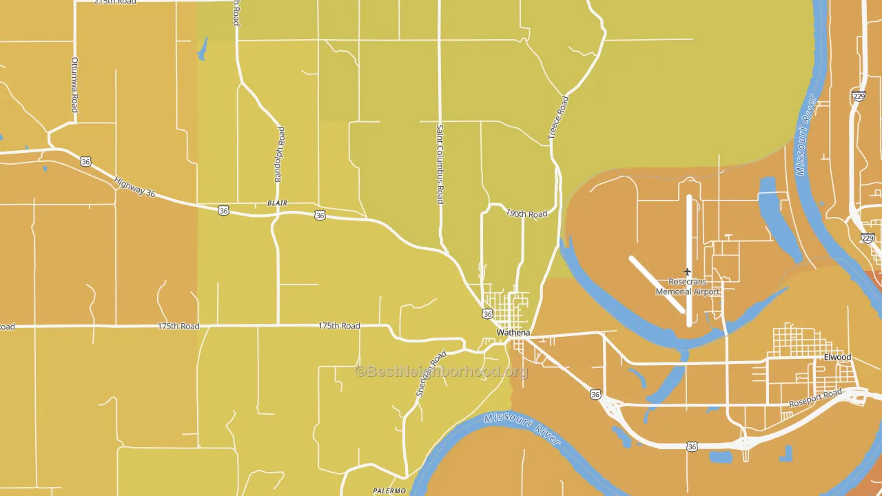 Map of the best neighborhoods in the Wathena area, with better matches in green and worse matches in red
