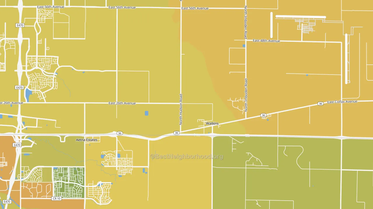 Map of the best neighborhoods in the Watkins area, with better matches in green and worse matches in red