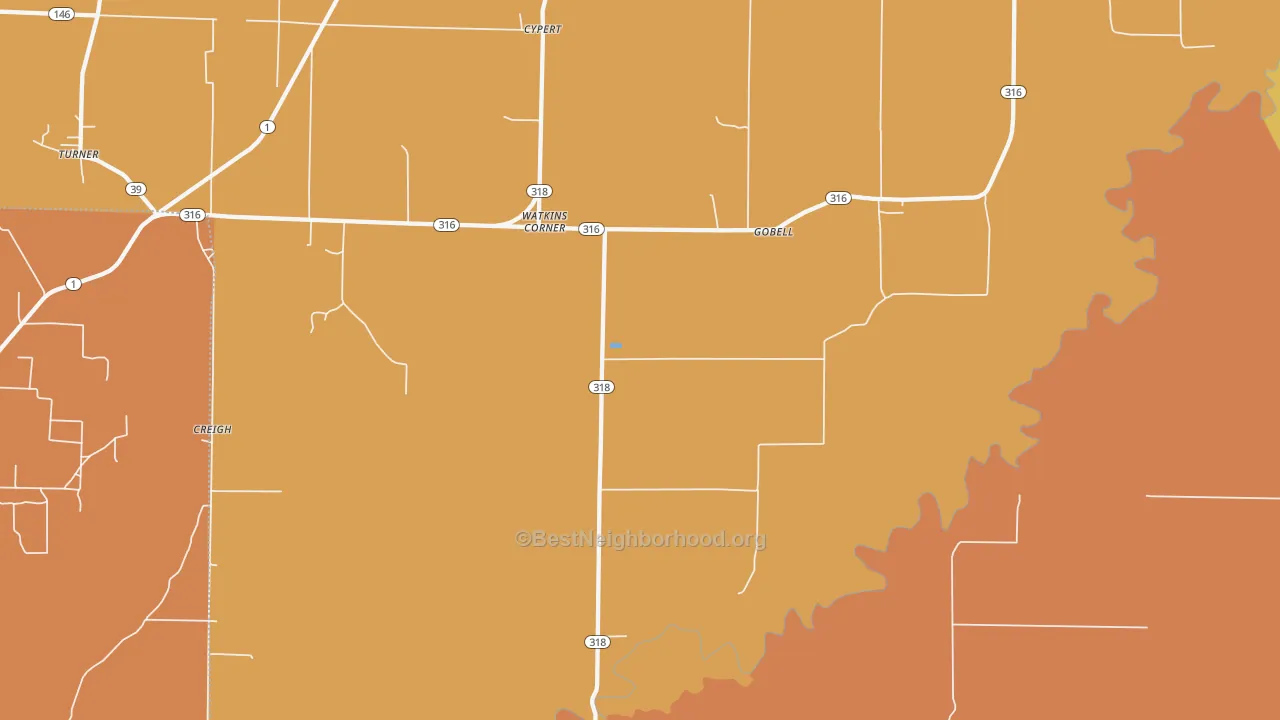 Map of the best neighborhoods in the Watkins Corner area, with better matches in green and worse matches in red