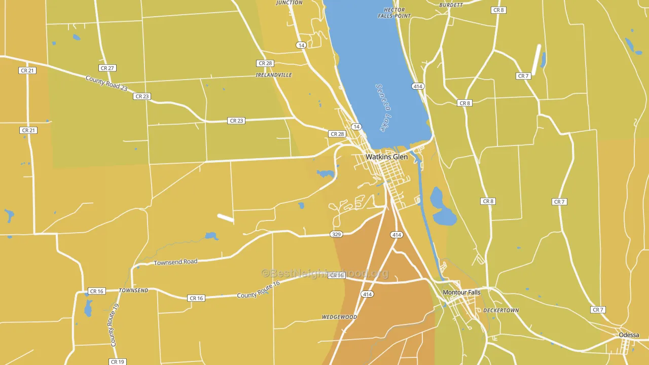 Map of the best neighborhoods in the Watkins Glen area, with better matches in green and worse matches in red