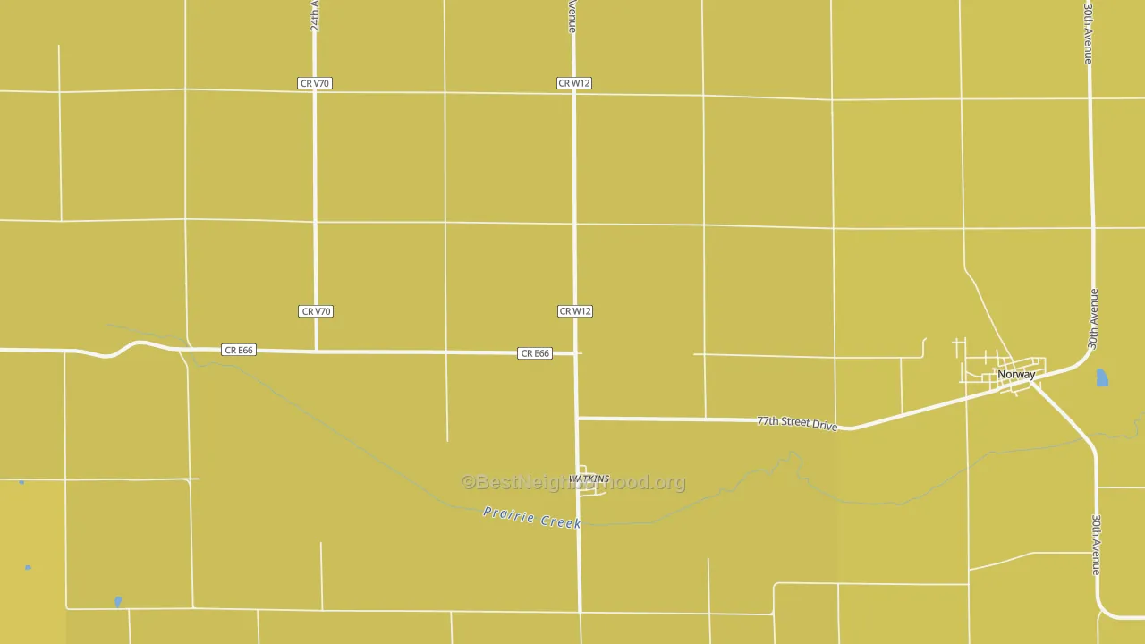 Map of the best neighborhoods in the Watkins area, with better matches in green and worse matches in red