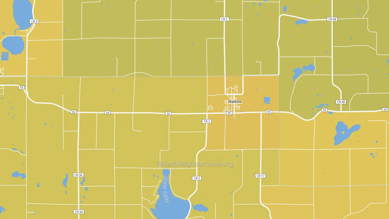 Map of the best neighborhoods in the Watkins area, with better matches in green and worse matches in red