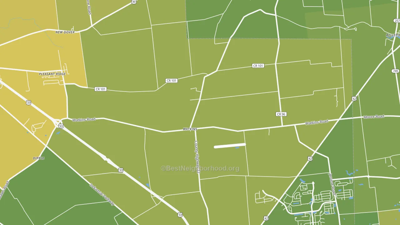 Map of the best neighborhoods in the Watkins area, with better matches in green and worse matches in red