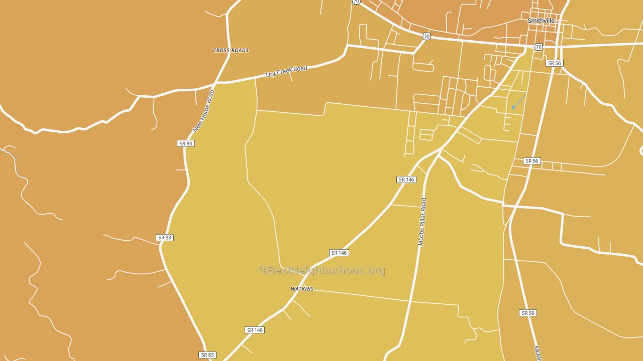 Map of the best neighborhoods in the Watkins area, with better matches in green and worse matches in red