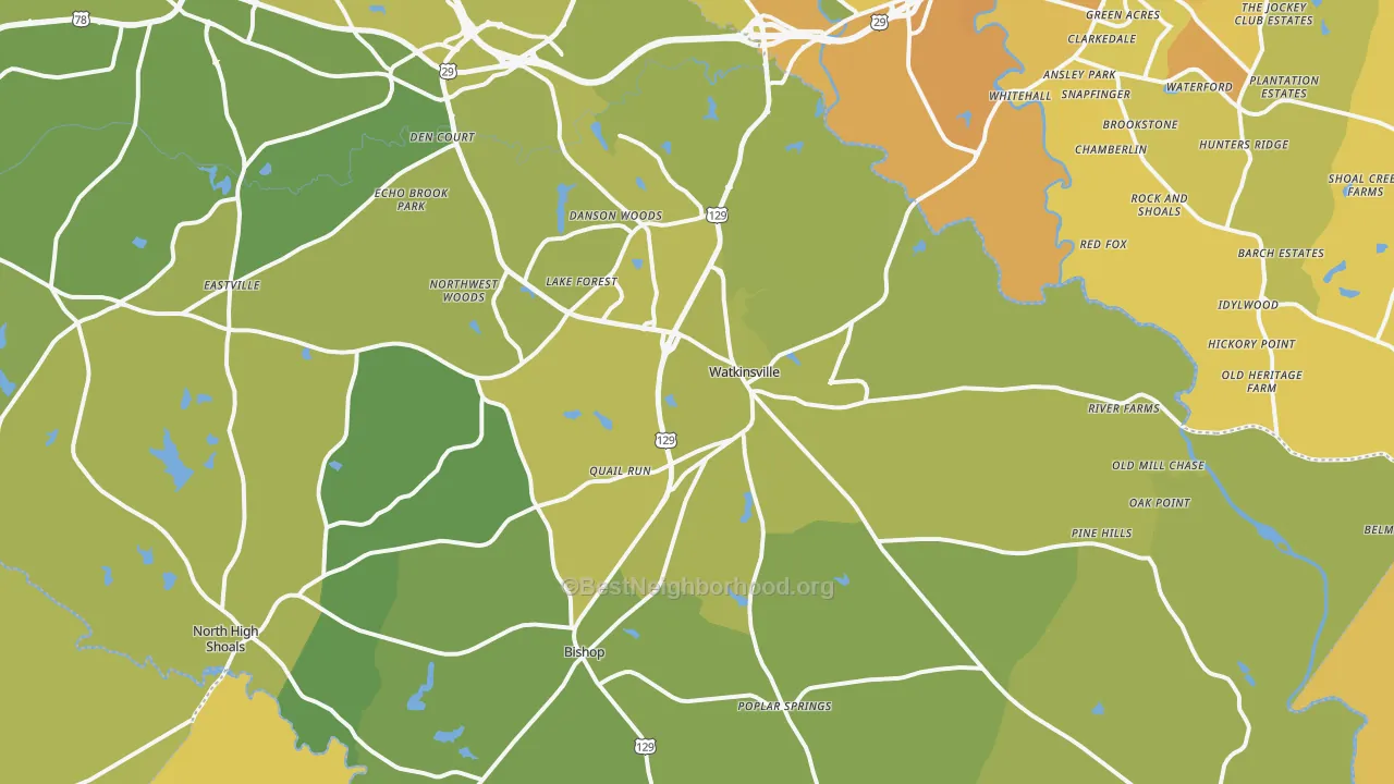Map of the best neighborhoods in the Watkinsville area, with better matches in green and worse matches in red