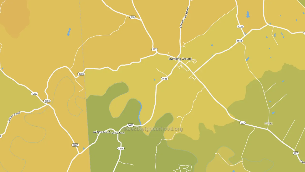 Map of the best neighborhoods in the Watkinsville area, with better matches in green and worse matches in red