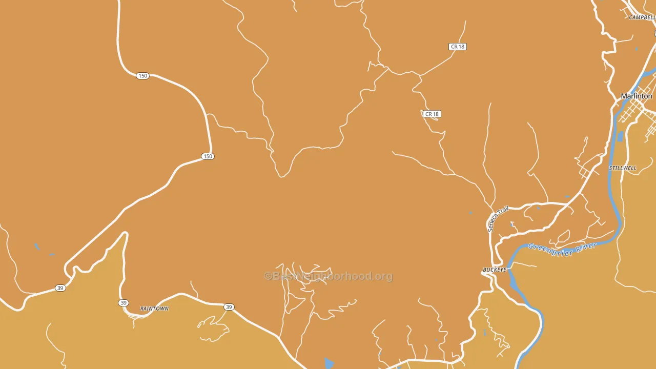 Map of the best neighborhoods in the Watoga area, with better matches in green and worse matches in red