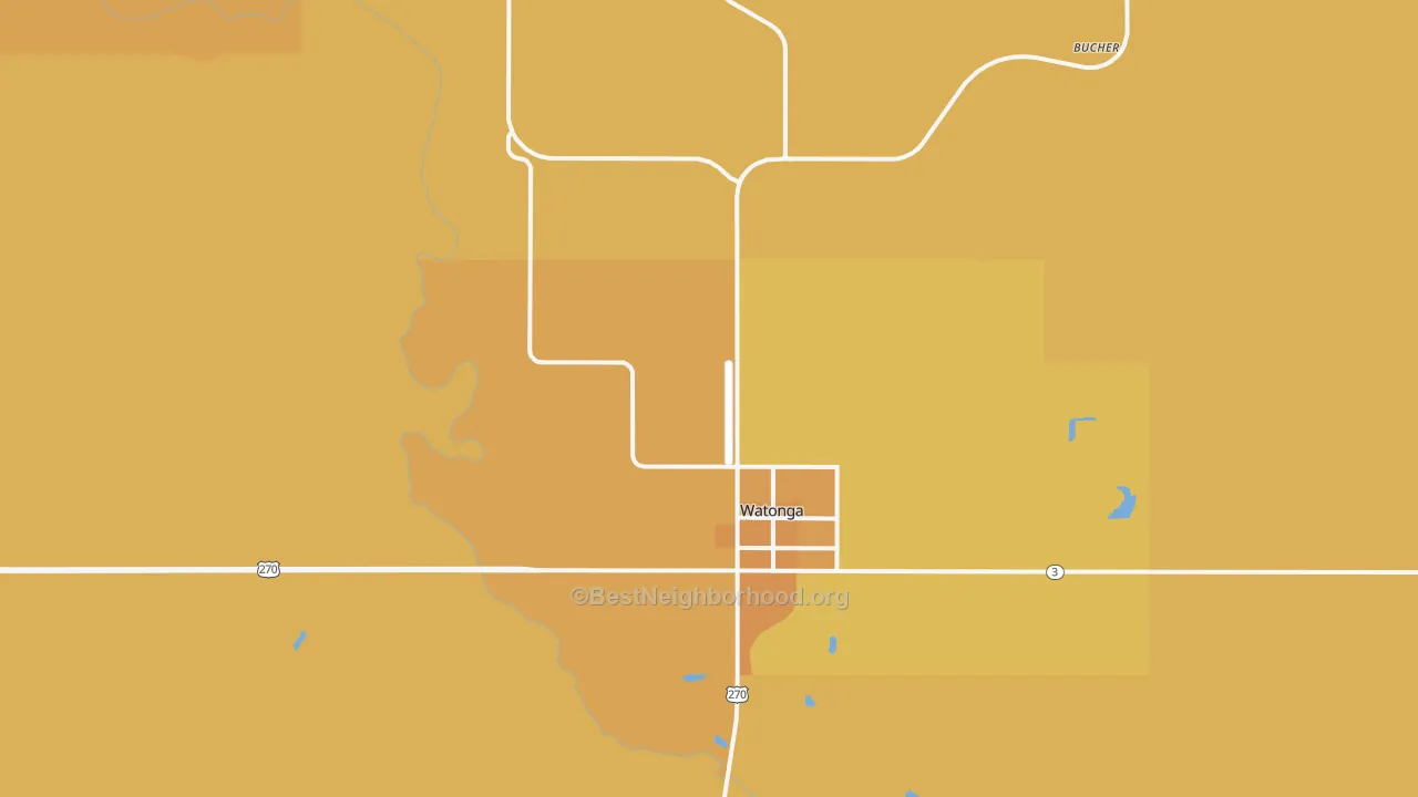 Map of the best neighborhoods in the Watonga area, with better matches in green and worse matches in red