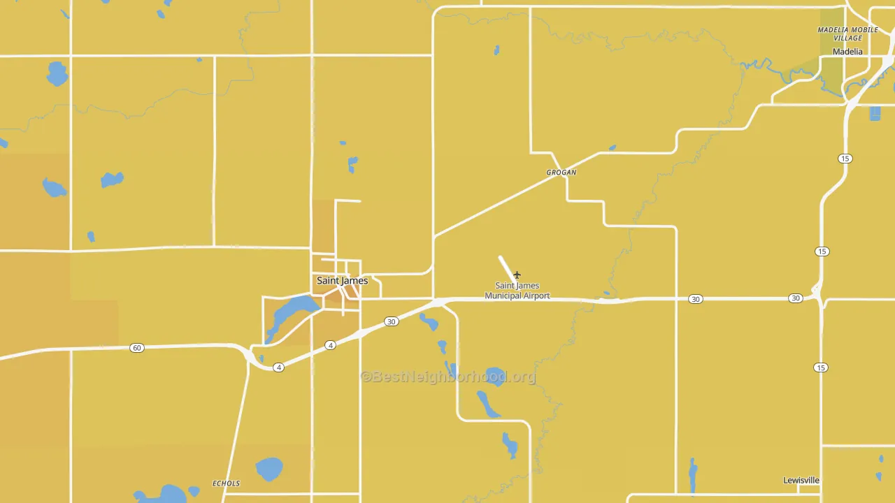Map of the best neighborhoods in the Watonwan County area, with better matches in green and worse matches in red