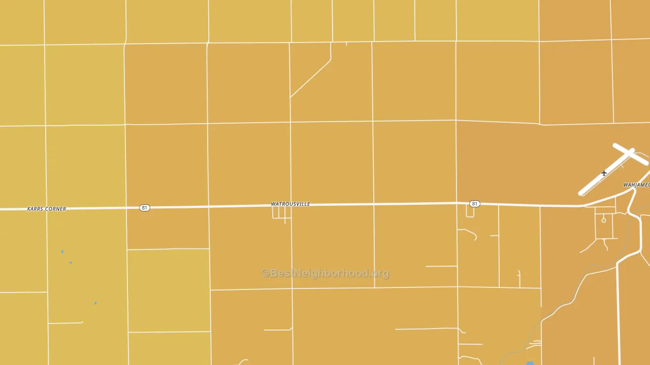 Map of the best neighborhoods in the Watrousville area, with better matches in green and worse matches in red