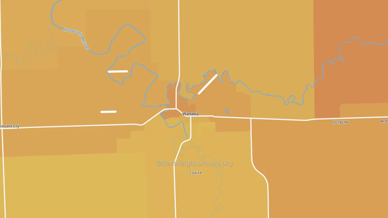 Map of the best neighborhoods in the Watseka area, with better matches in green and worse matches in red