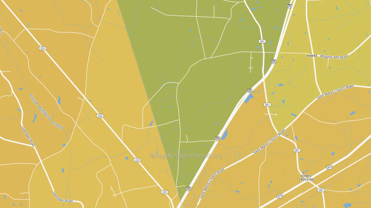 Map of the best neighborhoods in the Watson Crossroads area, with better matches in green and worse matches in red