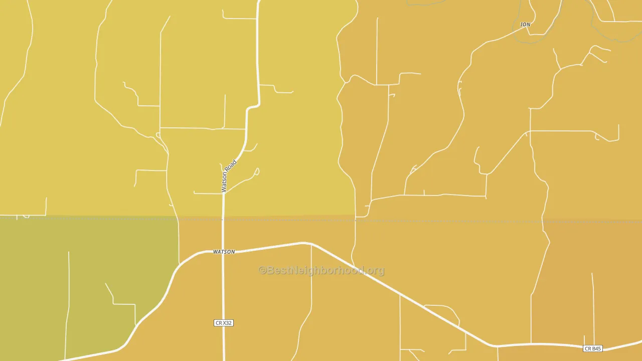 Map of the best neighborhoods in the Watson area, with better matches in green and worse matches in red