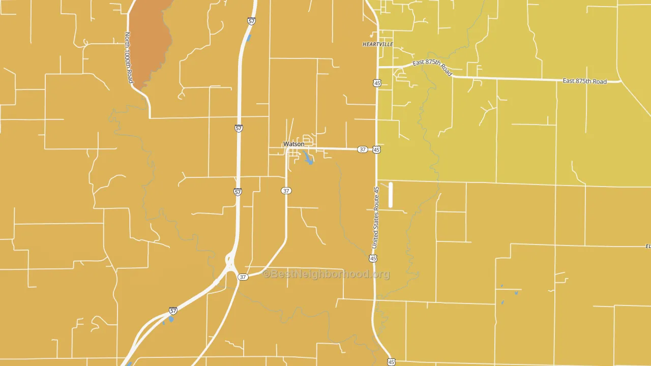 Map of the best neighborhoods in the Watson area, with better matches in green and worse matches in red
