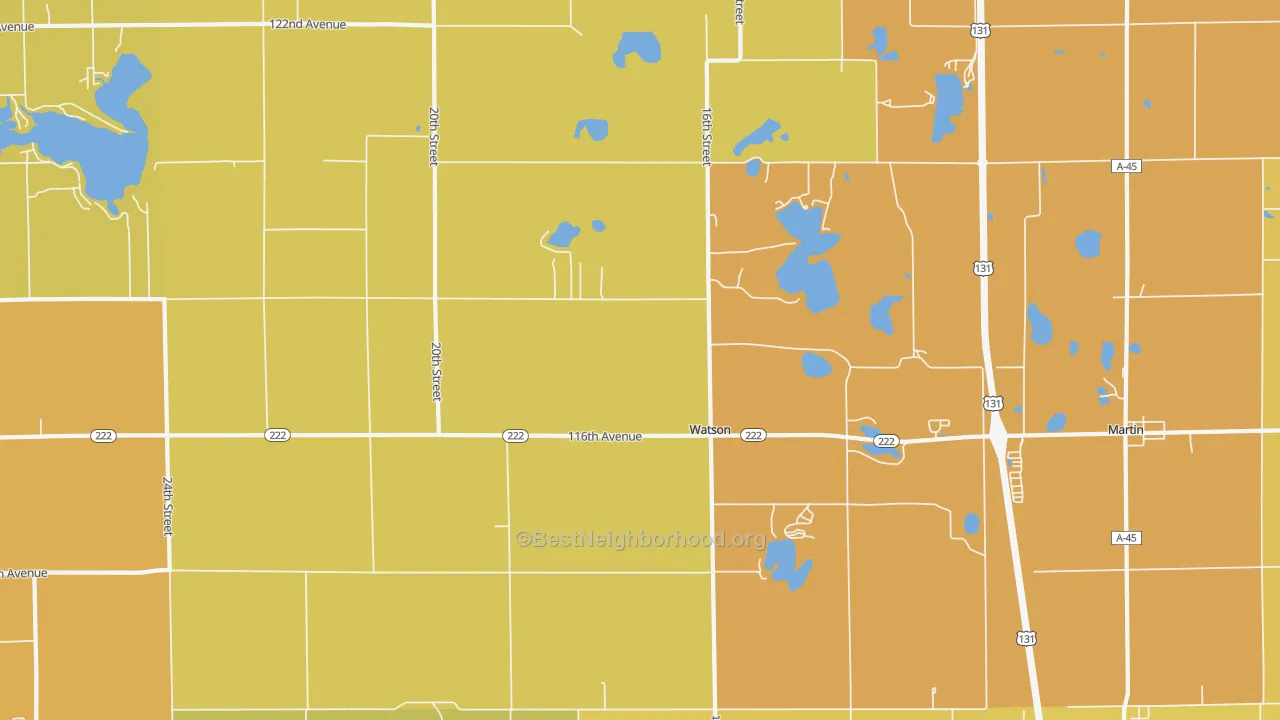 Map of the best neighborhoods in the Watson area, with better matches in green and worse matches in red