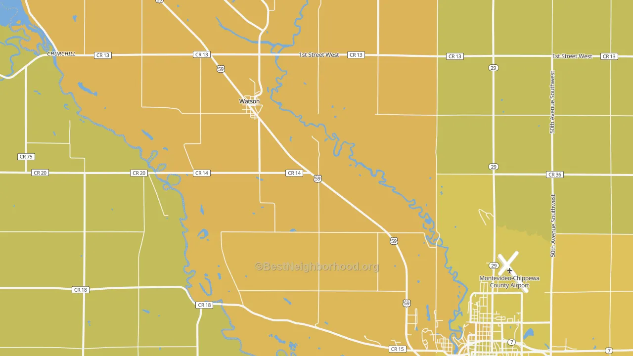 Map of the best neighborhoods in the Watson area, with better matches in green and worse matches in red