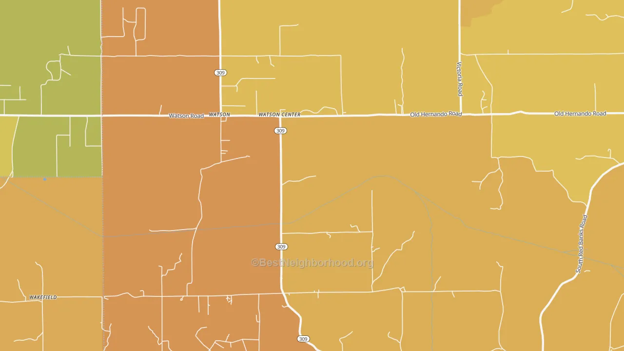 Map of the best neighborhoods in the Watson area, with better matches in green and worse matches in red