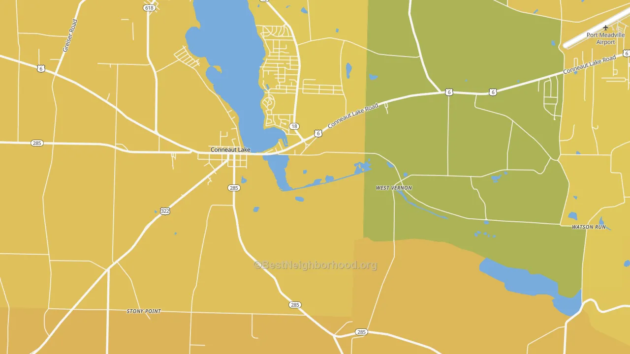 Map of the best neighborhoods in the Watson Run area, with better matches in green and worse matches in red