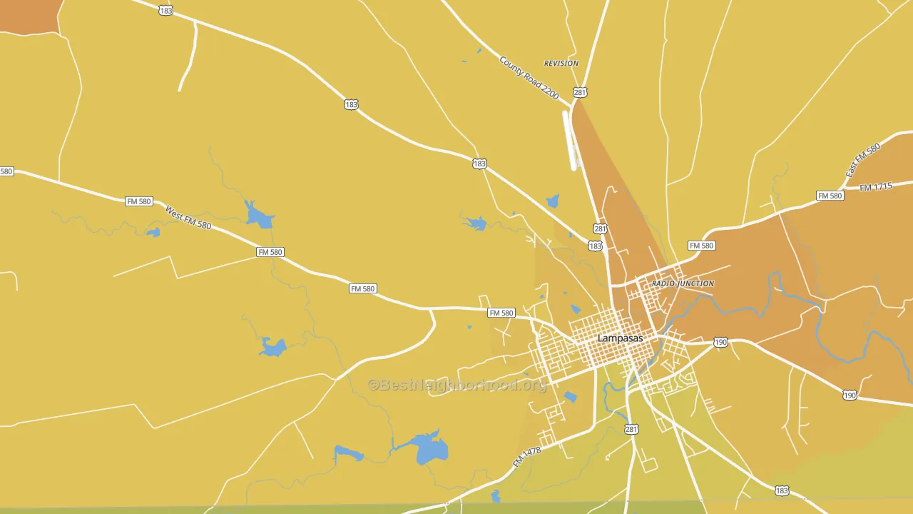 Map of the best neighborhoods in the Watson area, with better matches in green and worse matches in red