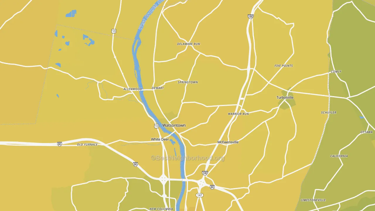 Map of the best neighborhoods in the Watsontown area, with better matches in green and worse matches in red
