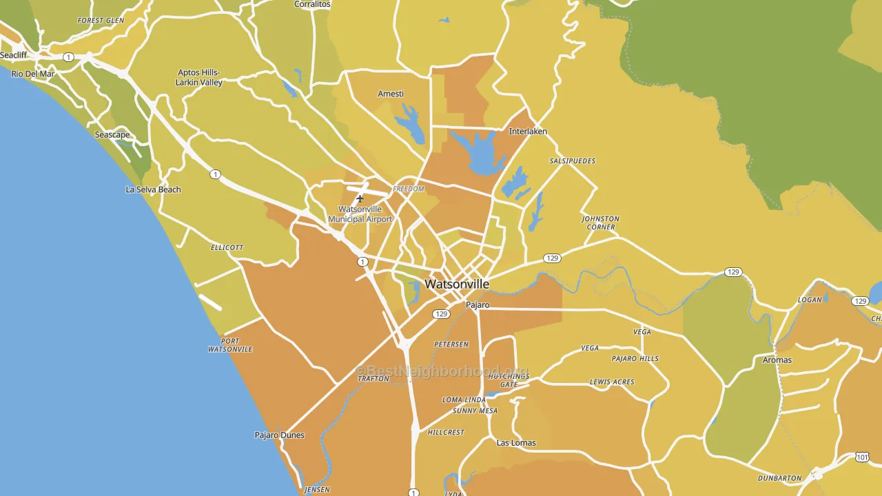 Map of the best neighborhoods in the Watsonville area, with better matches in green and worse matches in red