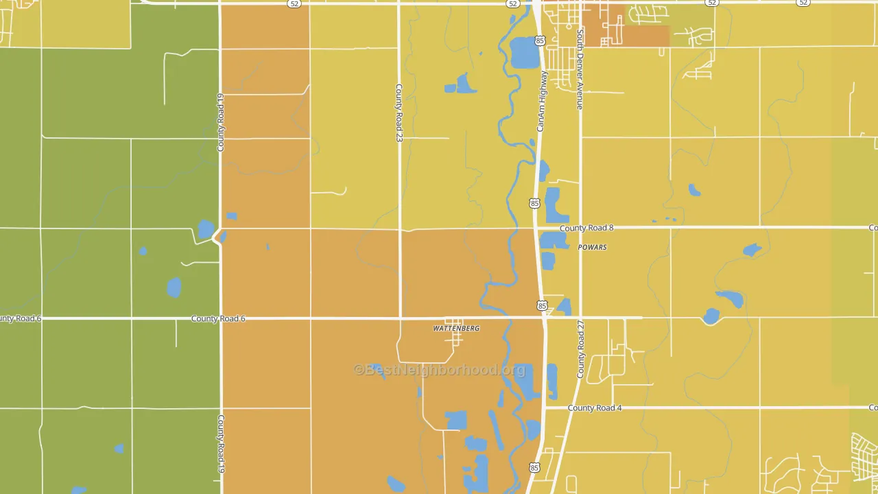 Map of the best neighborhoods in the Wattenberg area, with better matches in green and worse matches in red