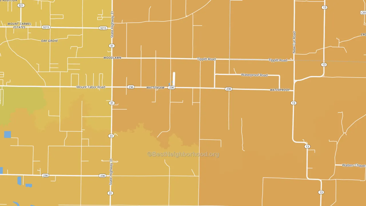 Map of the best neighborhoods in the Wattensaw area, with better matches in green and worse matches in red