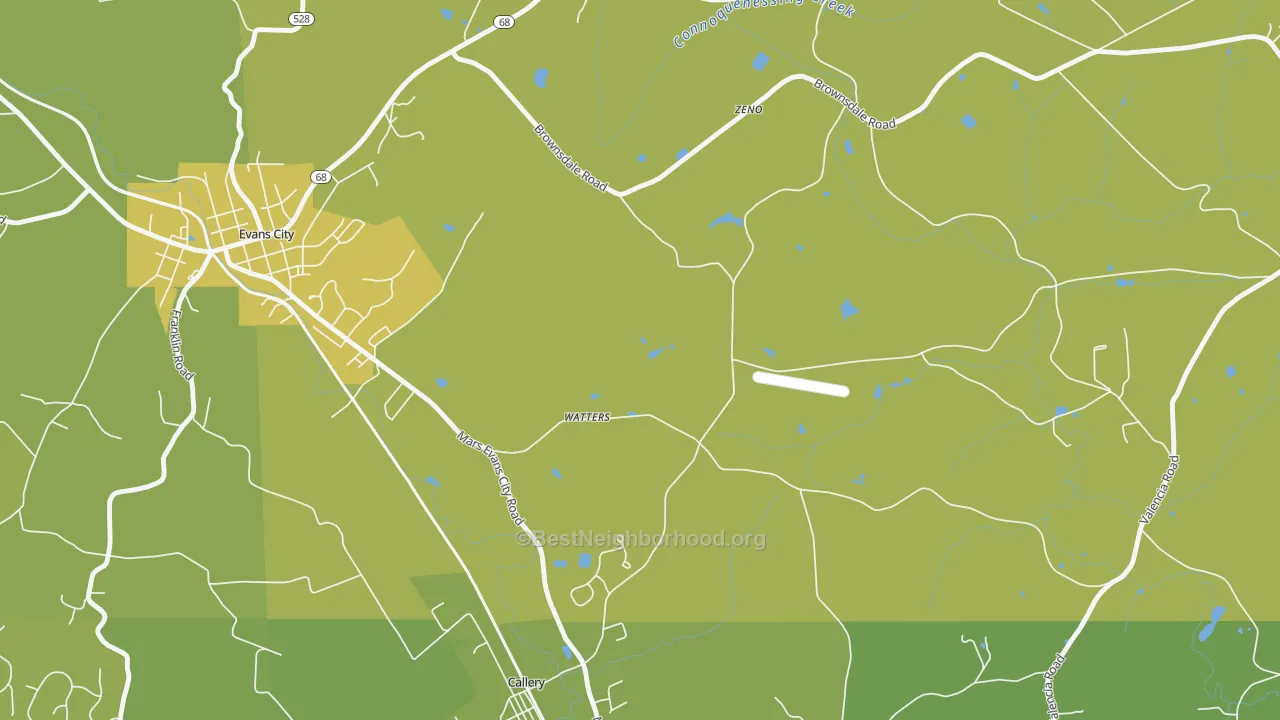 Map of the best neighborhoods in the Watters area, with better matches in green and worse matches in red