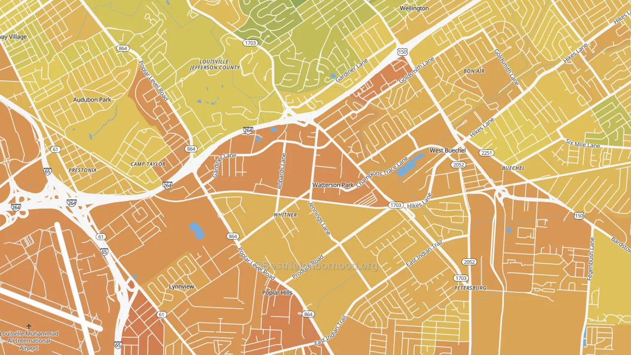 Map of the best neighborhoods in the Watterson Park area, with better matches in green and worse matches in red