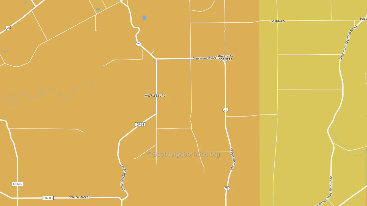 Map of the best neighborhoods in the Wattlesburg area, with better matches in green and worse matches in red